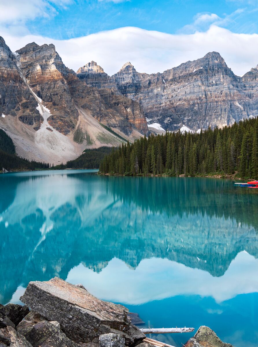 Moraine Lake and the Valley of the Ten Peaks on a bluebird summer day.